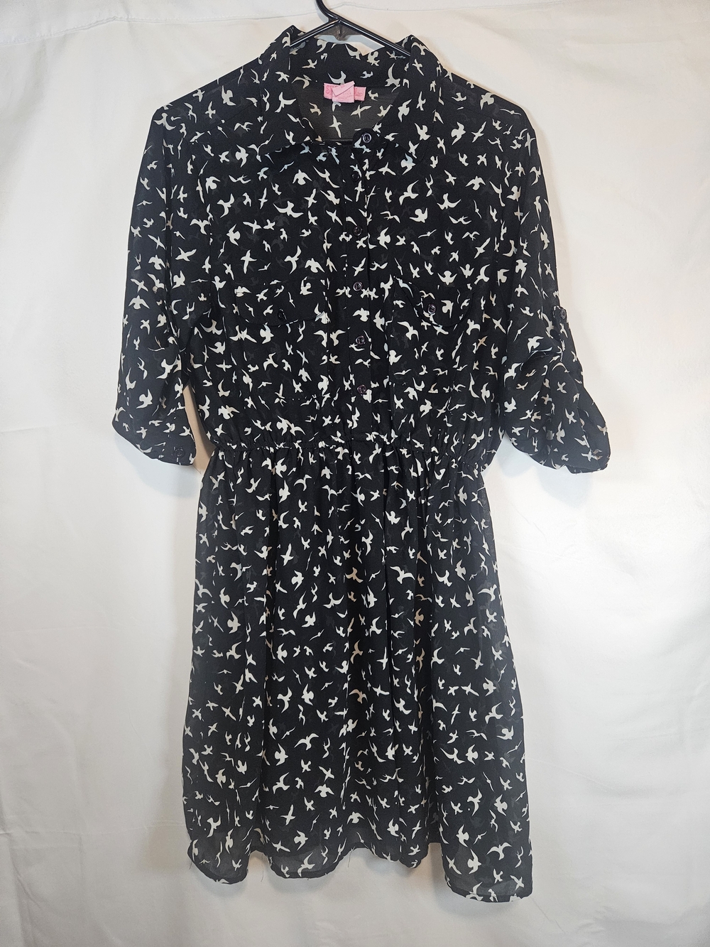 She's Cool Black and White Bird-Print Midi Sheer Shirt Dress